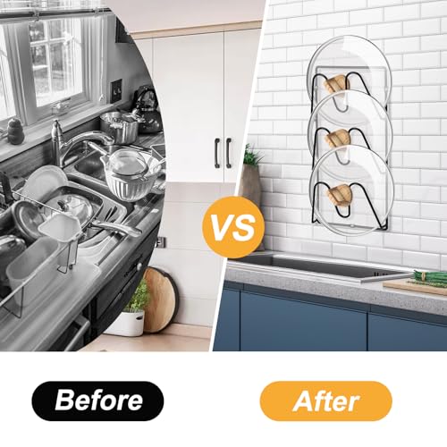 YRYUNRUI 2 Pack 3 Tier Pot Lid Organizer Rack, No Drilling Adhesive Pot Lids Holder, Wall Mounted Pots and Pans Organiser, Metal Pot Lids Holder for Kitchen Storage (Black) - Image 5