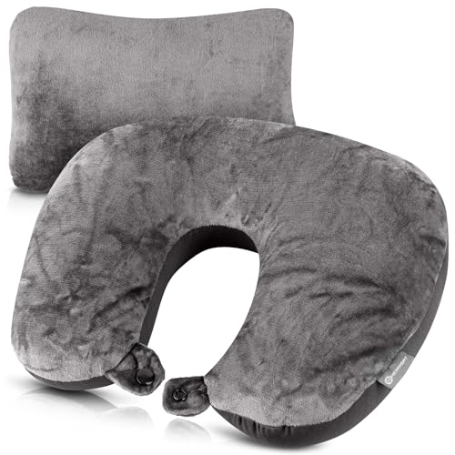 Heimwert Reisekissen - 2in1 Nackenkissen Stützkissen,Nackenhörnchen, 37x27 cm - Travel Pillow für Flugzeug, Camping, Reise - Ergonomisches Kopfkissen mit Microperlen (Dunkelgrau)