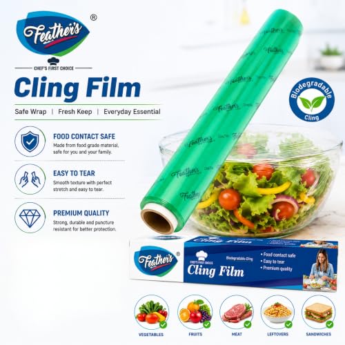 Image of Feather's Cling Film Food Wrap | Biodegradable | Multipurpose Food Wrapper | Eco-Friendly | Food Grade Quality for Sandwich, Fruit, Rolls, Lunch | Non-Stick | Microwave Safe (Pack of 2, 30m Each)
