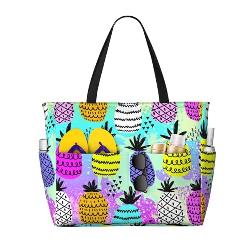 Graffiti Pineapples Large Beach Bag Waterproof Sandproof Swim Tote Pool Bag For Women With Zipper