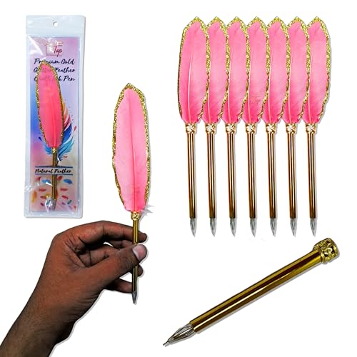 Image of Premium Gold Glitter Feather Quill Ink Pen For Sign And Nikah (Black Ink) (10 inches) (Baby Pink)