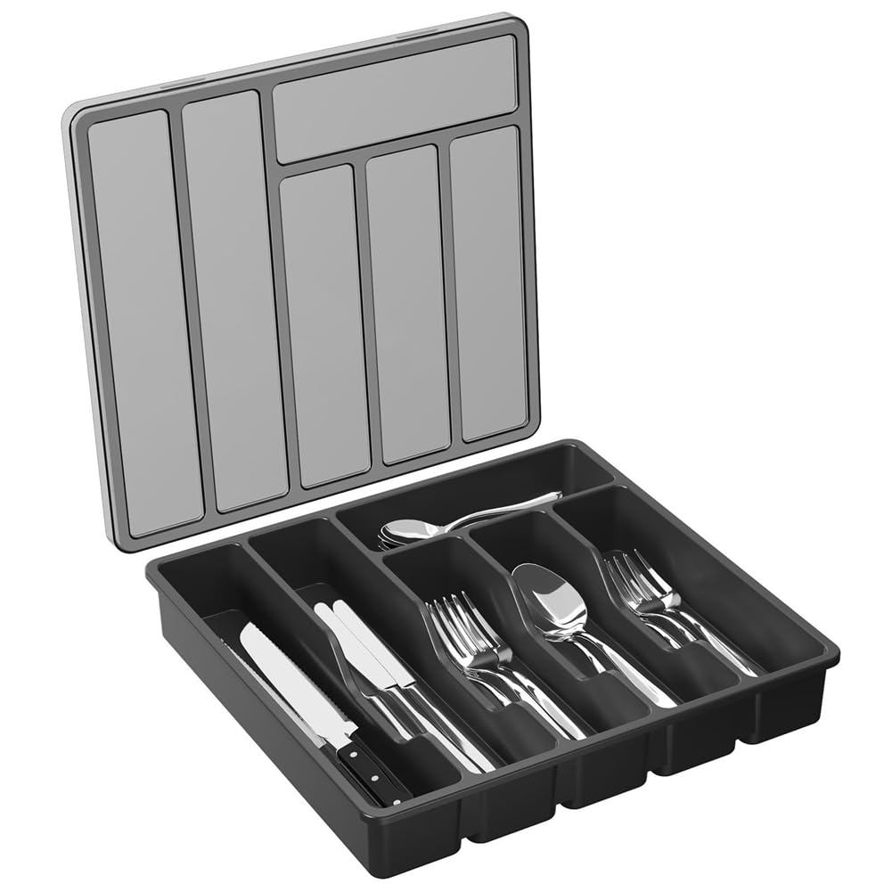 CTRLZS Silverware Organizer with Lid,Covered Utensil Tray for Kitchen Drawer and Countertop, Plastic Cutlery and Flatware Black