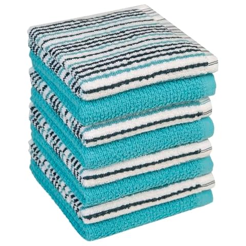 Bumble Premium Dish Cloths Towel 12"x12" | 100% Natural Ring Spun Cotton Tea Towel Set | 430 GSM | Highly Absorbent & Soft Dish Towels | 8 Pack - 4 Popcorn Striped & 4 Solid Kitchen Towels - Aqua Cover