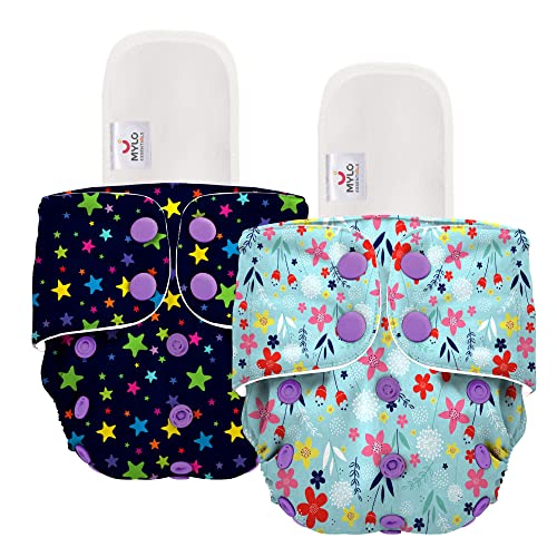 Image of Mylo Essentials Leak Proof Baby Cloth Diaper Combo (2 Diapers + 2 Inserts) for 3 Months to 3 Years Babies | Oeko Tex Certified Washable & Reusable Baby Cloth Diaper | Free Size
