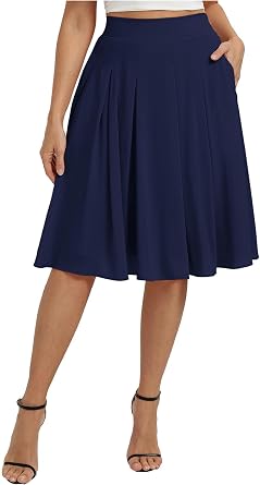 Belle Poque Women High Waist Pleated A Line Skirt Below Knee Length, Flowy Dressy Casual Chiffon Skirts with Pockets