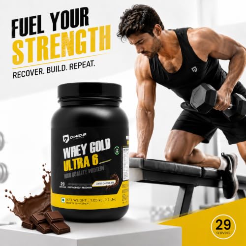 Image of DENZOUR NUTRITION Whey Gold Ultra 6 Starter With 24g Protein | Support Muscle Growth And Maintain A Lean Physique- Dark Chocolate Flavour, 1.05 Kg /2.3 lbs (29 Servings)