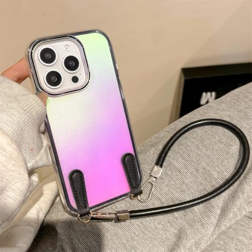 Étui de luxe en cuir pour iPhone 14 coque fine antichoc laser noir avec dragonne