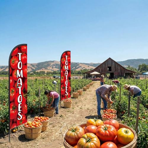 Image of Remagr 2 Pack Tomatoes Feather Flag 7 ft Advertising Swooper Flag Sign Windless Tomatoes Banner with Pole Kit and Ground Stake for Businesses Restaurants Outside Ground