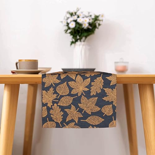 Image of HOME COLORS.IN Cotton Ribbed Maple Leaf Orange Table Runner - Machine Washable - Durable - Dining Table Runner - 14 x 52 Inch - Black
