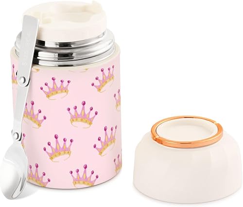 MCHIVER Pink Crown Food Jar with Spoon Stainless Steel Vacuum Insulated Food Container 17 oz Thermos for Lunch