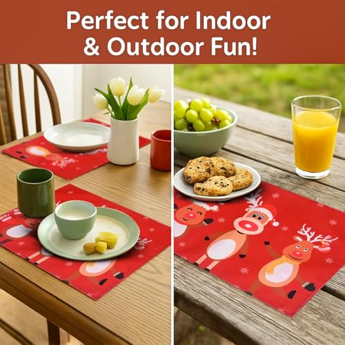 Image of Dining Table Mats Set of 2 - Reindeer Christmas Theme,Digital Print, Washable, Indoor /Outdoor, Heat-Proof, Water Resistant, Wipe & Clean (47X33 cm) Red