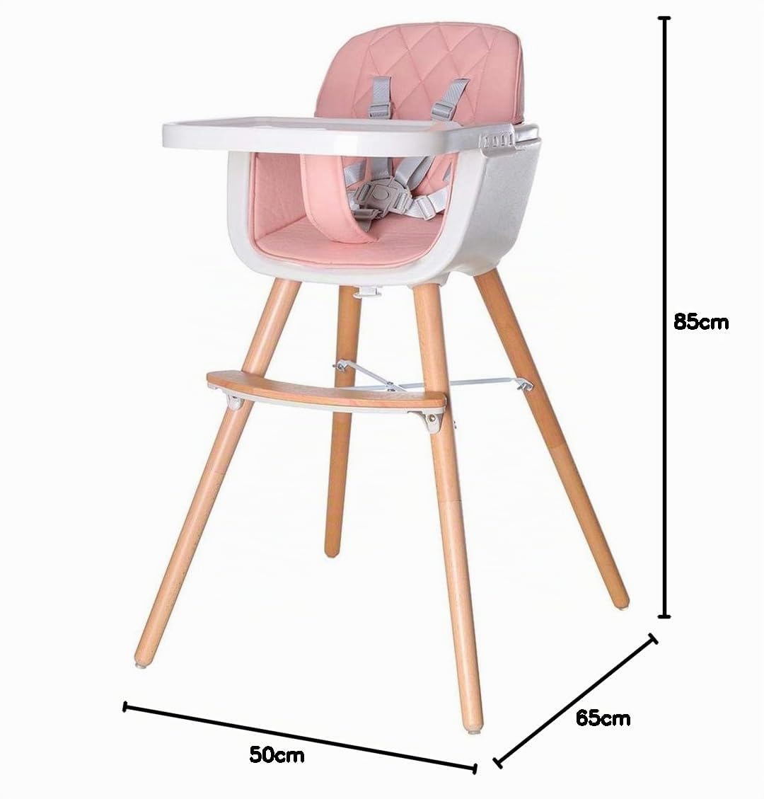 PLASTIMYR Woody | Tronas Evolutivas para Bebé | Silla Evolutiva Bebé (Rosa) | Trona de Madera con Asiento de Cuero Sintético · Arnés 5 Puntos · Diseño Minimalista · Rosa 50x65x85cm