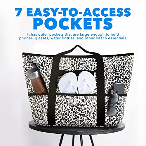 Dejaroo - Beach Bags For Women, Overnight Tote Bag With Zipper, Large Tote Bag For Snacks, Towels, And More, Water-Resistant Travel Tote Bags For Women, 16 X 8.5 X 0.25 Inches, White Leopard #TOP4