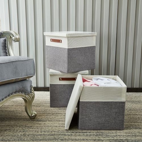 Image of DECOMOMO Storage Basket with Lid, Storage Cubes with Handles, Grey & White | 13 inch Cube, 3 Pack Fabric Box with Lid