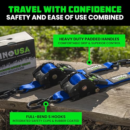 Image of Rhino USA Retractable Ratchet Straps (2-Pack) - 2 Inch x 10 Feet (3,033lb Break Strength) - Heavy Duty Auto Self Retracting Tie Down Straps for Truck, Cargo Trailer, Motorcycle, Rad & More - Blue