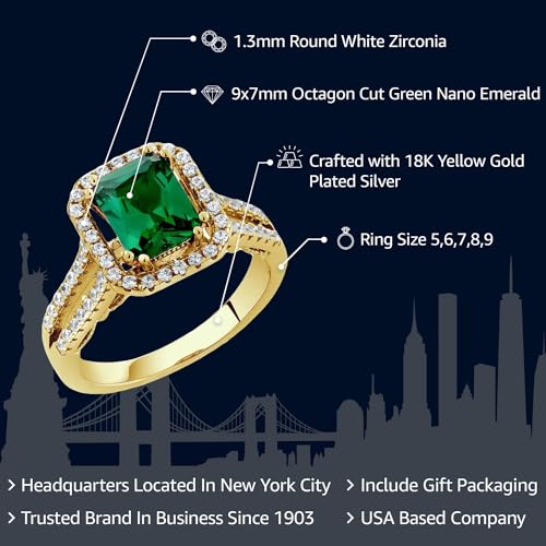 Gem Stone King 18K Yellow Gold Plated Silver Emerald Cut 9X7MM Gemstone Birthstone Wedding Anniversary Promise Engagement Ring For Women | Available In Size 5, 6, 7, 8, 92