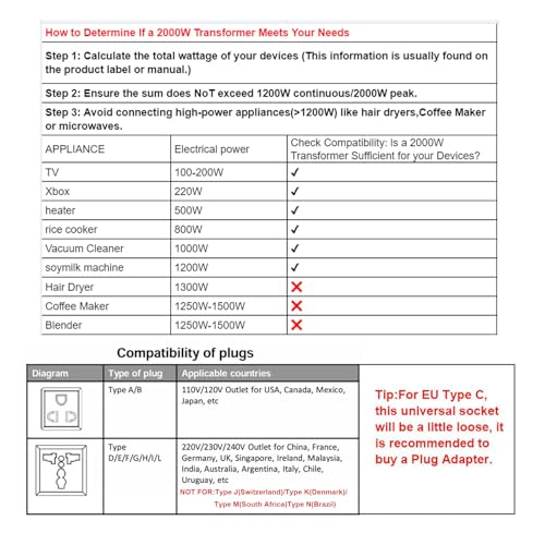 Yinleader 2000W Voltage Converter Transformer(110V to 220V OR 220V to 110V) 2000 Watt Step Up/Down Converter 110/120 Volt - 220/240 Volt w/US Power Cord,Circuit Breaker Protection (VTUS-2000) 5