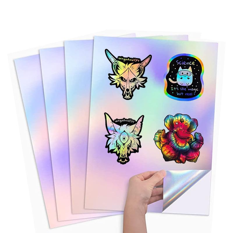 BIGFALCON® Premium Holographic Sticker Paper 20 Sheets A4 (8.5x11 Inch) – Printable Vinyl sticker paper for Inkjet Printer, Waterproof, Self Adhesive Rainbow Glossy Sticker Paper 3