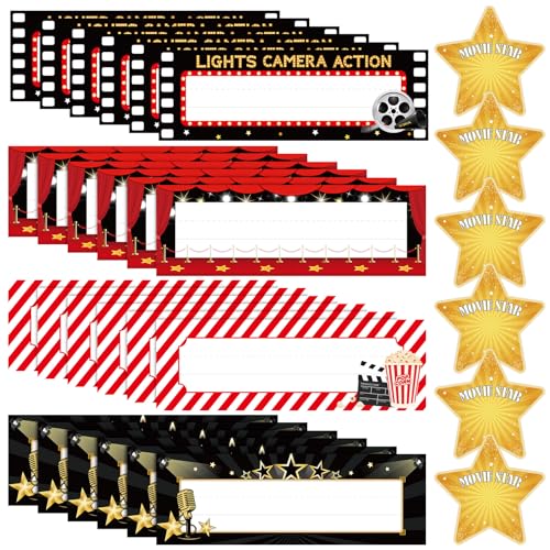 Fullhawl 48 Pcs Movie Night Nameplates with Star Cut Outs for Desk Classroom, Back to School Student Desk Name Tags, Self Adhesive Classroom Movie Night Theme Party Favors Decorations, 4 Styles
