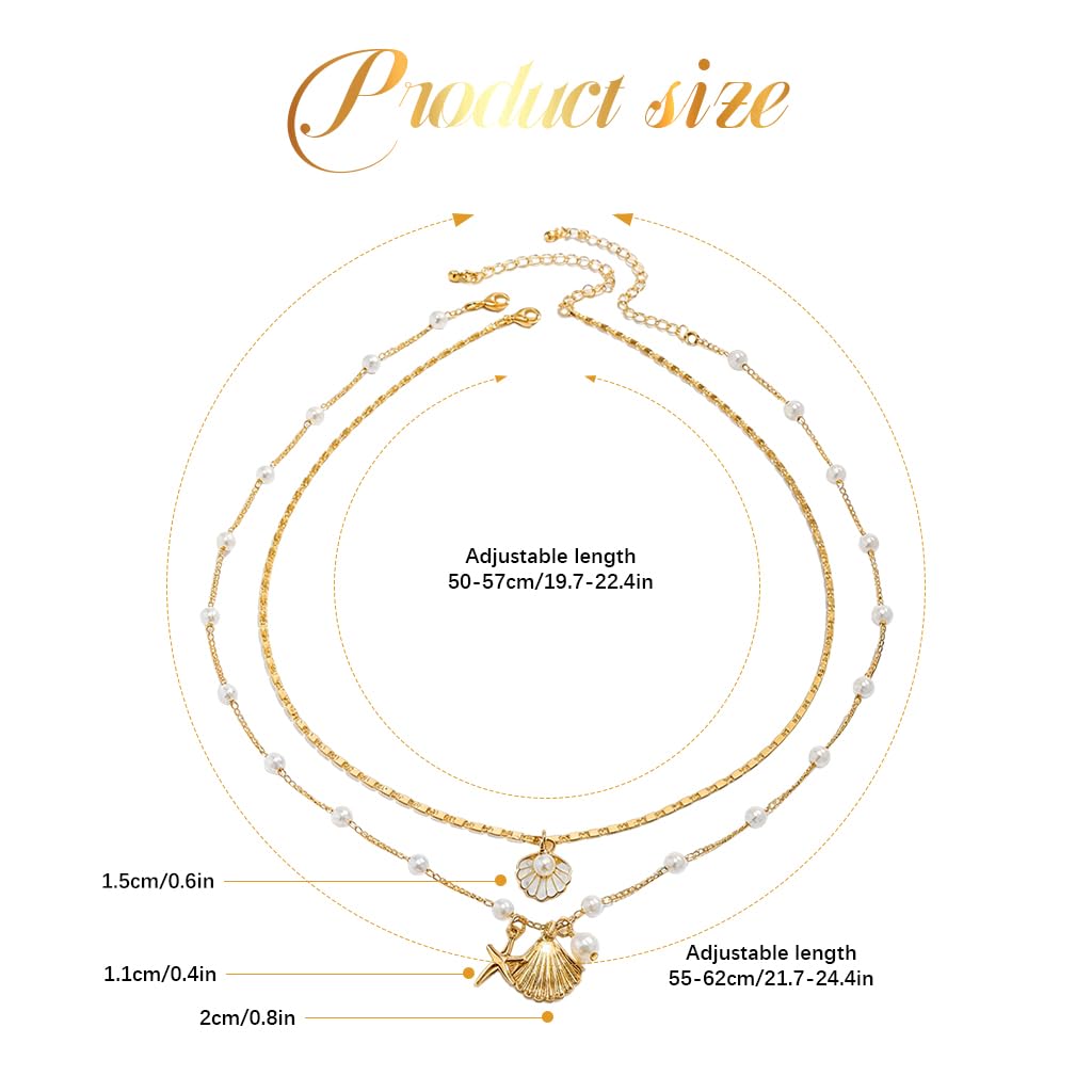 SANNIDHI® Necklace for Women Girls 2Pcs Boho Gold Seashell Pendant Necklaces Layered Pearl Starfish Necklace Chains Beach Jewelry Gift Item for Women