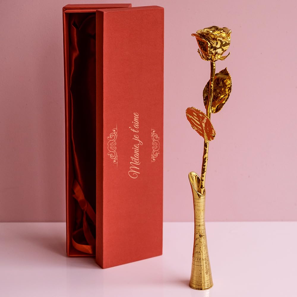 Rose éternelle Dorée à L'or Fin 24 Carats - Hauteur 28 Cm Avec Certificat Neuf Sous étiquette