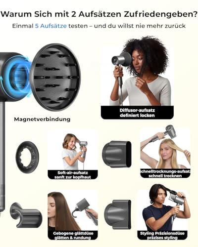 Haartrockner Föhn mit Diffusor, 500M Ionen Fön mit 5 Styling-Aufsätzen für Locken und alle Haartypen, leise, kompakt für Reisen und Geschenk – Ansicht 2