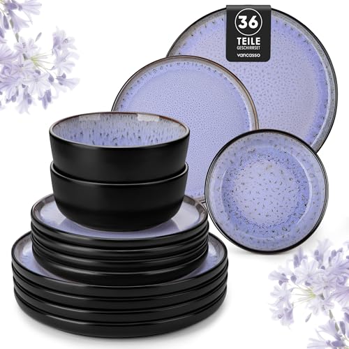 vancasso AMBER Servizio Piatti per 12 Persone, Set Piatti Moderni 36 Pezzi in Gres - 12 Piatti Piani, 12 Piatti Dessert e 12 Ciotole Cereali - Adatto per Lavastoviglie e Microonde - Smalto Viola