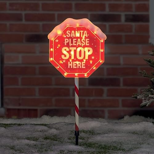 Image of Swan Household Christmas Decoration Santa Please Stop Here Sign 3.3ft Tall 30 LED Light Up Sign with Timer Function Battery Operated Indoor or Outdoor Festive Decoration (Warm White)