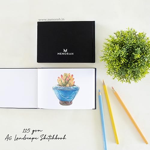 Image of MENORAH Paper Artist Sketch Book - A6-115 Gsm (160 Pages / 80 Sheets) Drawing Notebook - Hard Bound Book - (10.5 Cm X 14.8 Cm) - Completely Handmade - Landscape-Black, Watercolor