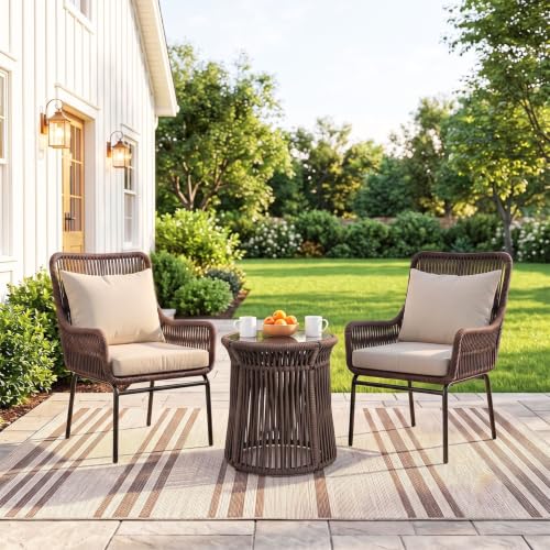 Image of DEVOKO Outdoor 3 Piece Patio Rope Chair Table Set All Weather-Resistant Cushion Handmade Furniture Perfect for Balcony, Garden, Patio, Terrace(Brown & Cream)