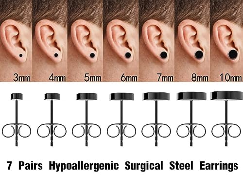 7 Pairs Black Earrings Surgical Steel Studs Hypoallergenic 316L Stainless Steel Stud for Men Women Contain 3,4,5,6,7,8,10 mm3