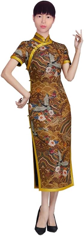 [HangErFeng] チャイナドレス シルク中国の伝統的なタンチョウプリントパターン東洋の女性のドレス 3578