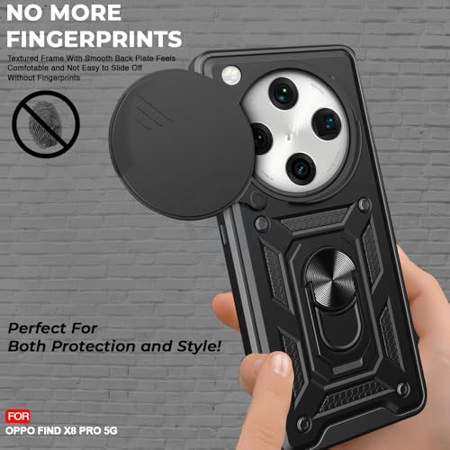 Image of AESTMO Tough Armor Oppo Find X8 Pro 5G Bumper Back Case Cover | Ring Holder & Sliding Camera Shield Cover | 360 Degree Protection Back Case Cover for Oppo Find X8 Pro 5G (Black)