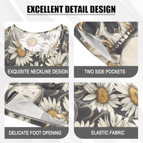 ALAZA Skulls Daisy Flowers Pajama Set Short Sleeve Sleepwear Soft Lounge Nightwear4