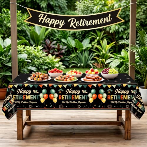 Image of Qyeahkj 3 Pcs Retirement Party Tablecloth Decorations Disposable Plastic Happy Retired Table Covers Black Vintage Tablecloths Retirement Birthday Supplies for Going Away Farewell Party Decoration
