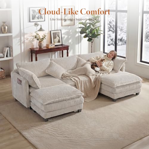 Image of Vesgantti 109 inch U Shaped Cloud Sectional Sofa, Comfy Corduroy Upholstered Sectional Modular Sofas for Living Room, Modern Modular Couch with 2 Ottoman Deep Seat, Beige