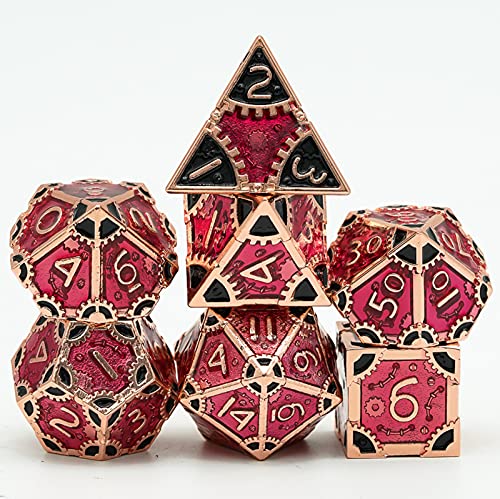 UDIXI Metal DND Dice Set, 7-Die Polyhedral D&D Dice Set for Dungeons and Dragons Role Playing Game, d and d (Red Copper-Red Black)