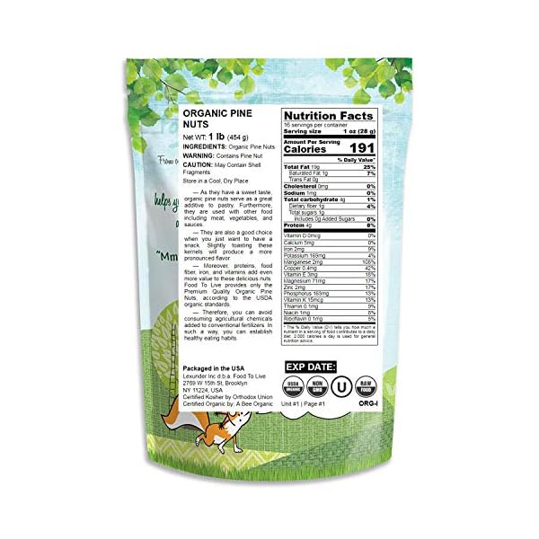 Organic Pine Nuts, 1 Pound – Non-GMO, Whole Raw Pignolias, Unsalted, No Shell, Vegan, Kosher, Bulk Snack. Rich in Vitamin E, Protein. Great for Pesto, Salads, Homemade Desserts, and as a Topping.