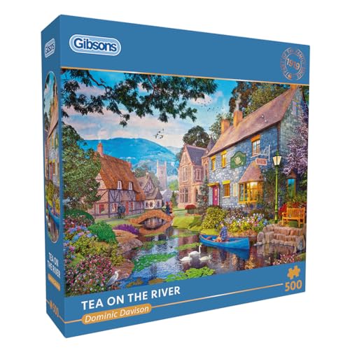 Gibsons Tea on the River 500 Piece Jigsaw Puzzle for Adults & Teens Colourful Countryside Village Scene Nostalgic Gift Thickest 100% Recycled Board Premium Puzzle by Gibsons Games
