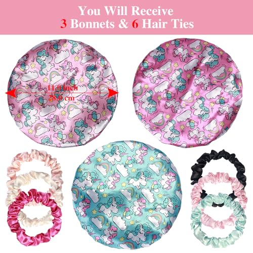 3pcs Satin Bonnets for Kids Sleeping, Cute Hair Bonnet with Scrunchies for Girls Curly Hair, A2