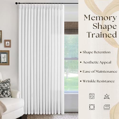 Image of Extra Wide 102 Inch Long Curtains 100 Inch Wide Pinch Pleat White 1 Panel | Textured Linen, for Living Room Bedroom, Light Filtering, Privacy, Pleated Drapes, Hooks Rings, Back Tab, Sliding Door