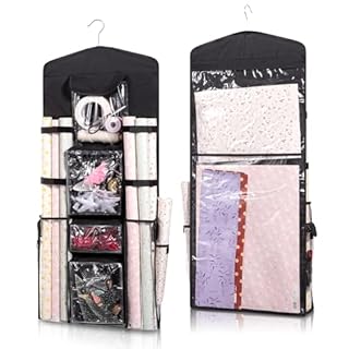 Double Sided Hanging Gift Bag Storage Organizer, Wrapping Paper Storage Container for Christmas Gifts 41 * 17inch Durable Woven Gifts Wrap Organizer with Clear Window Pockets