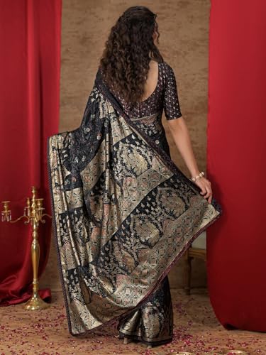 Image of Satrani Women's Crepe Foil Printed Weaving Banarasi Saree with Unstitched Blouse Piece