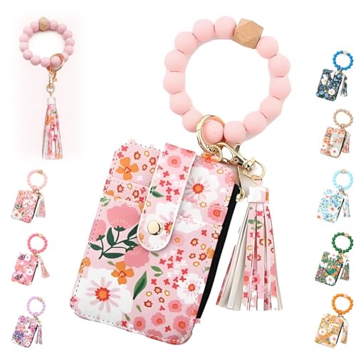 Boho Beaded Wallet Keychain, Wristlet Wallets for Women with Tassel, Small Beaded Keychain Wallet