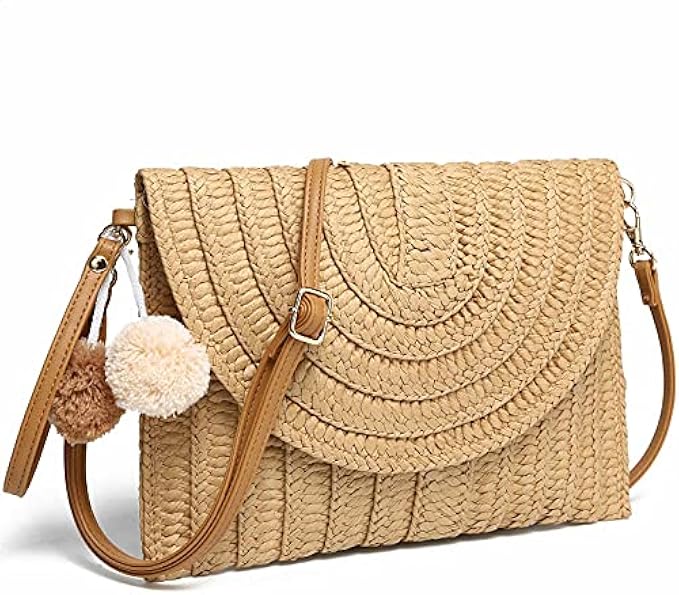 YIKOEE Straw Purse for Women Summer Beach Woven Bag With PomPom