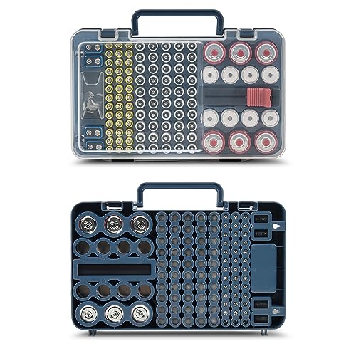 Battery Organizer Storage Case with Tester Checker. Batteries Holder Box Container for 120+ AA AAA 9V C D Lithium CR2025 CR1632 CR2032 Coin Cell Battery with Wall-Mounted Design -Blue