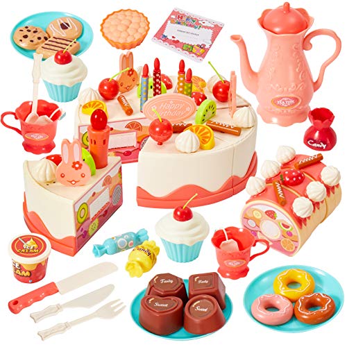 HERSITY 82 Piezas Tarta de Cumpleaños Postres Corte Juguete Juego de rol Regalo para Niños Rosa