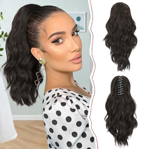 Sofeiyan 14'' Ponytail Extension Curly Clip in Claw Hair Extensions Natural Wavy Looking Synthetic Hairpiece for Women Dark Brown
