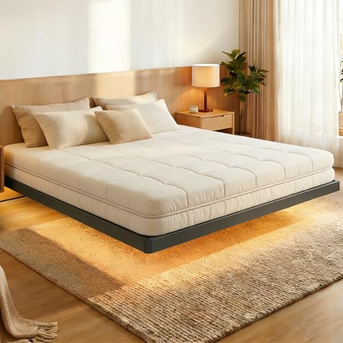 Consejos para Comprar Cama Doble Matrimonial favoritos de las personas. 43 KOZOYATL Base de Cama King Size Flotante 190x200 cm de Lujo, Acero Negro con LED y Toma de Corriente, Pies Ocultos, 9 Patas, Estructura Reforzada y Silenciosa, Base de Cama para...