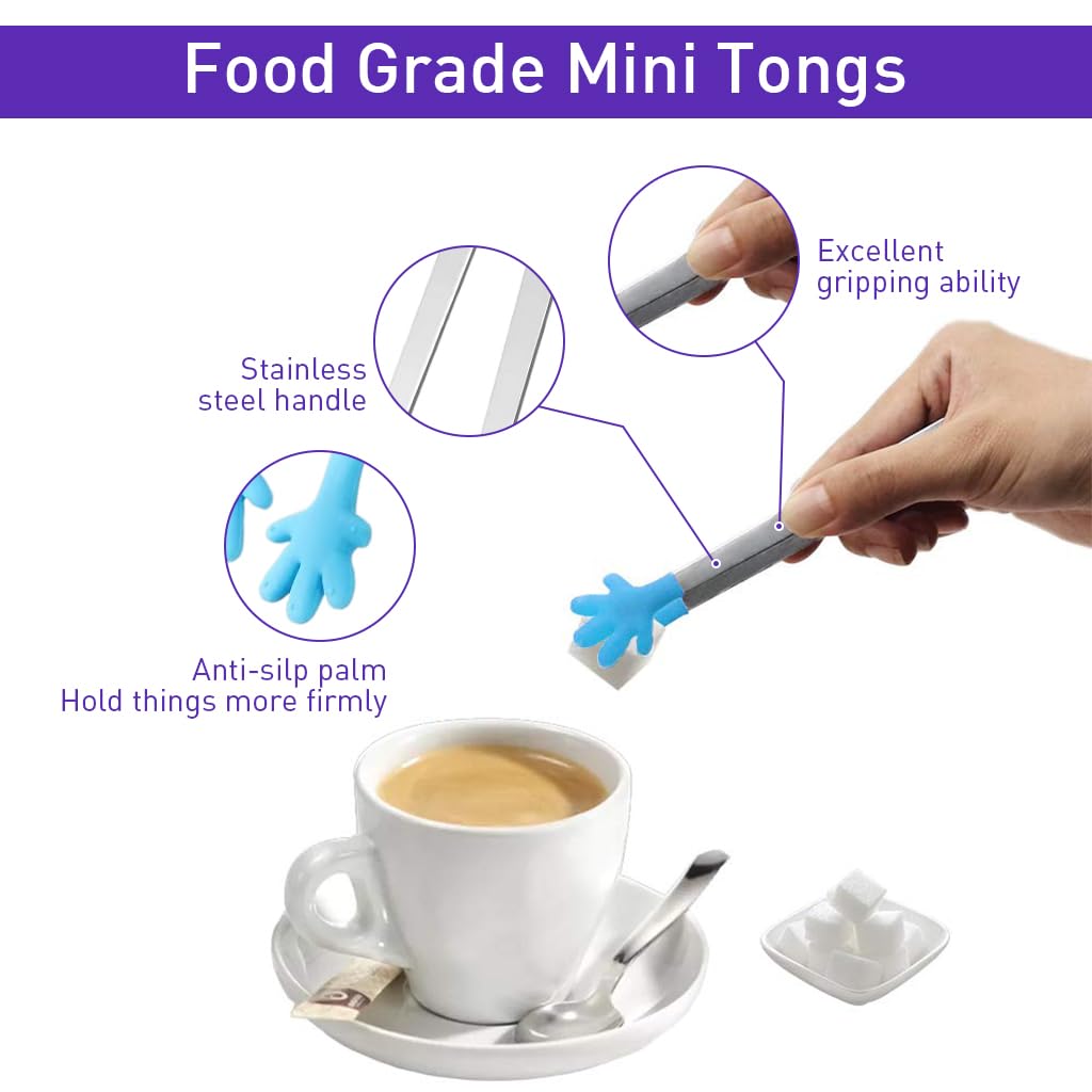 HASTHIP® 3Pcs Small Kitchen Tongs - 5.1'' Stainless Steel Creative Color Silicone Palm Food Tongs for Desserts, Pastries, Ice Cubes, Sushi, Kids and Parties 1